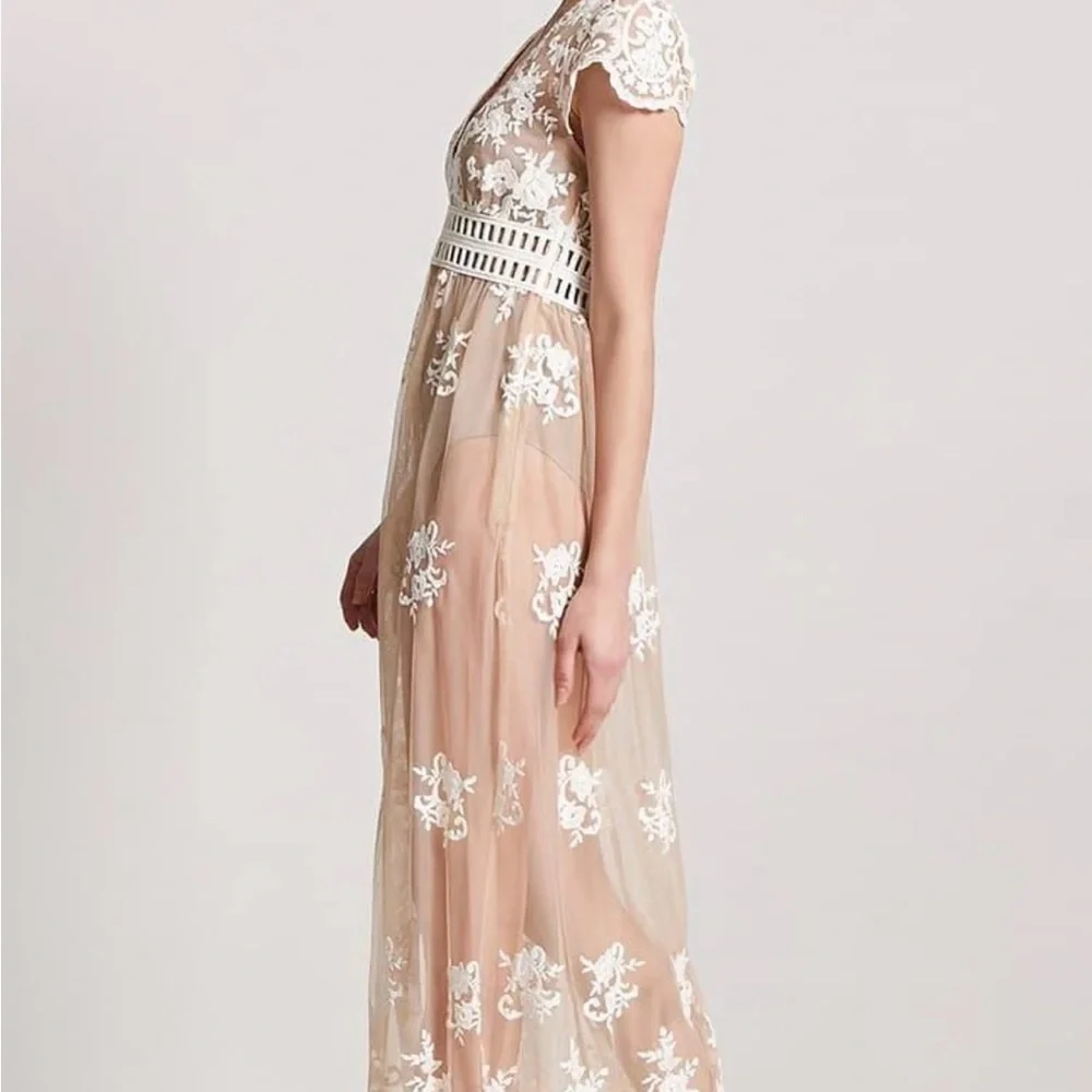 NWOT, Forever 21 Tan Pink Flutter Sleeve V-Neck Mesh Embroidered Gown - Picture 2 of 9